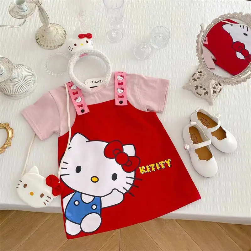 Hello Kitty Kids Dresses For Girls Kawaii Sanrio Kuromi Summer Cute Back Dress Cartoon Anime Clothing Causal Comfortable Dress