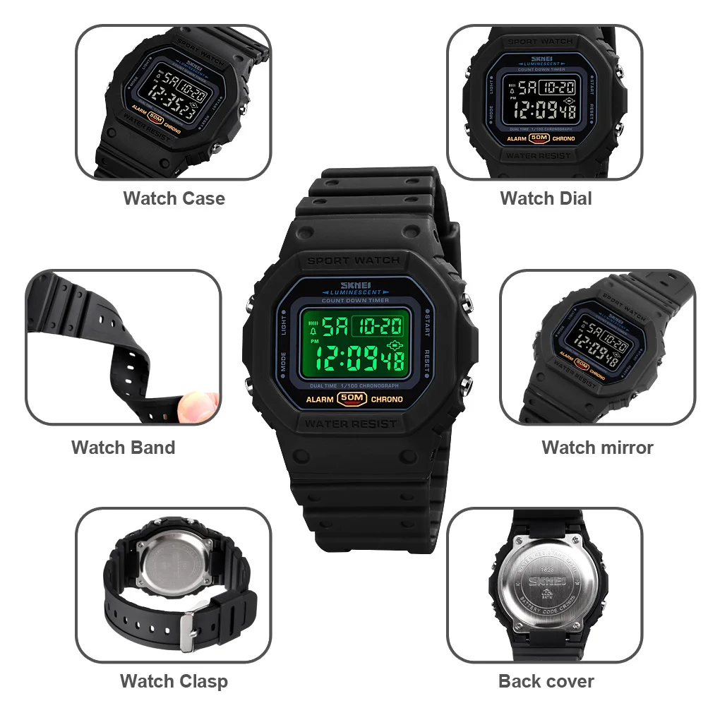 SKMEI Multifunctional Digital Sport Watch Men 2 Time Count Down Mens Wristwatches Fashion Retro Male Watches reloj hombre 1628