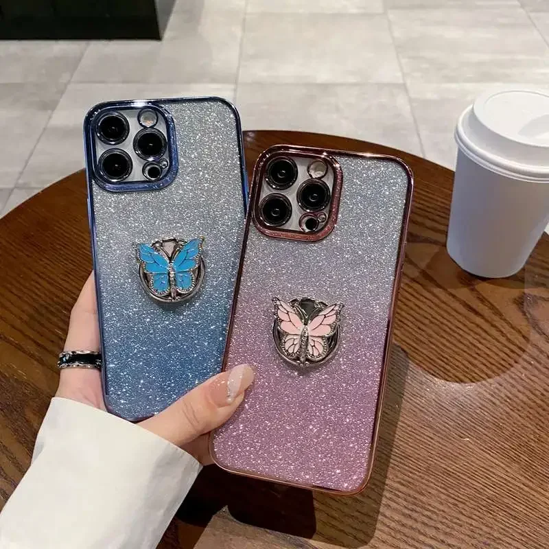 Butterfly Ring Stand Glitter Phone Case For Huawei Y8S Y9S Y6P Y7A Y7 Y9 Prime P Smart Z Plus 2019 2021 P40 P30 Lite Soft Cover