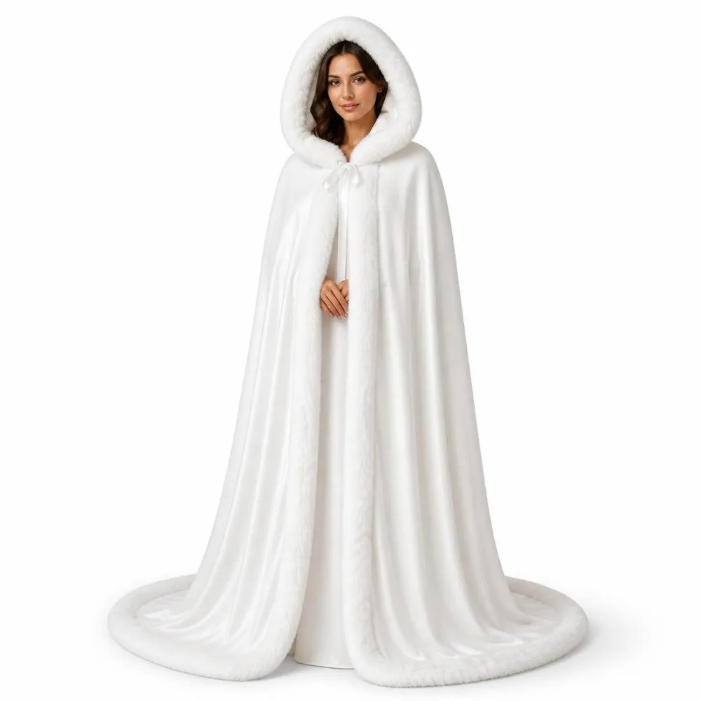 New Winter Lady's Velvet Hooded White Thicked Bride Long Shawl Santa Claus Cloak Carnival Party