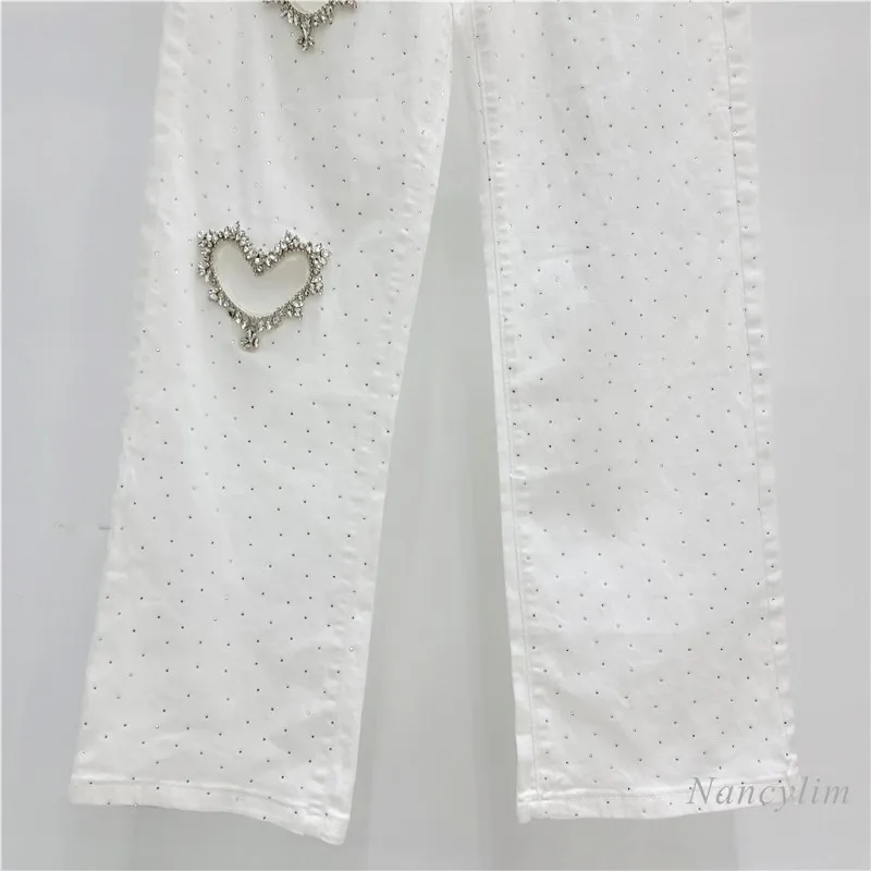 Pantalones vaqueros con diamantes de imitación para mujer, pantalón de pierna ancha y trapeador recto, color blanco, primavera y otoño, 2024