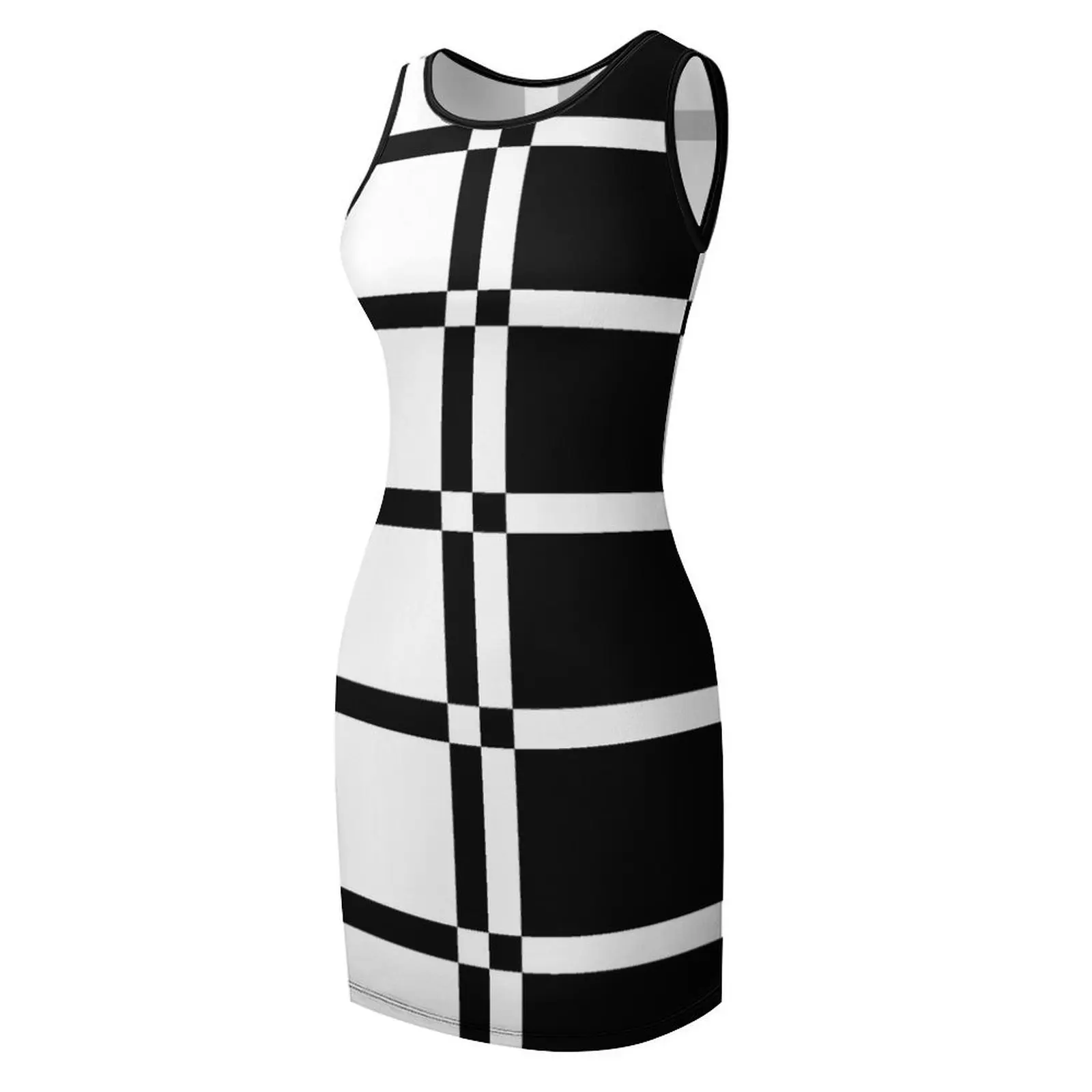 ชุดเดรสสีดำขาวสไตล์โมเดิร์นยุค 60 แบบทูโทน แขนกุด ชุดเดรสหรูสำหรับงานปาร์ตี้ งานราตรี งานพรอม