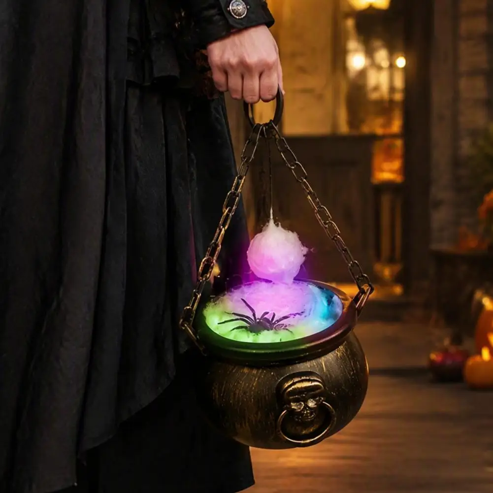 Indoor Theme Display Halloween Witch Cauldron Halloween Cauldron Decoration with Colorful Led Lights Black Witch for Trick