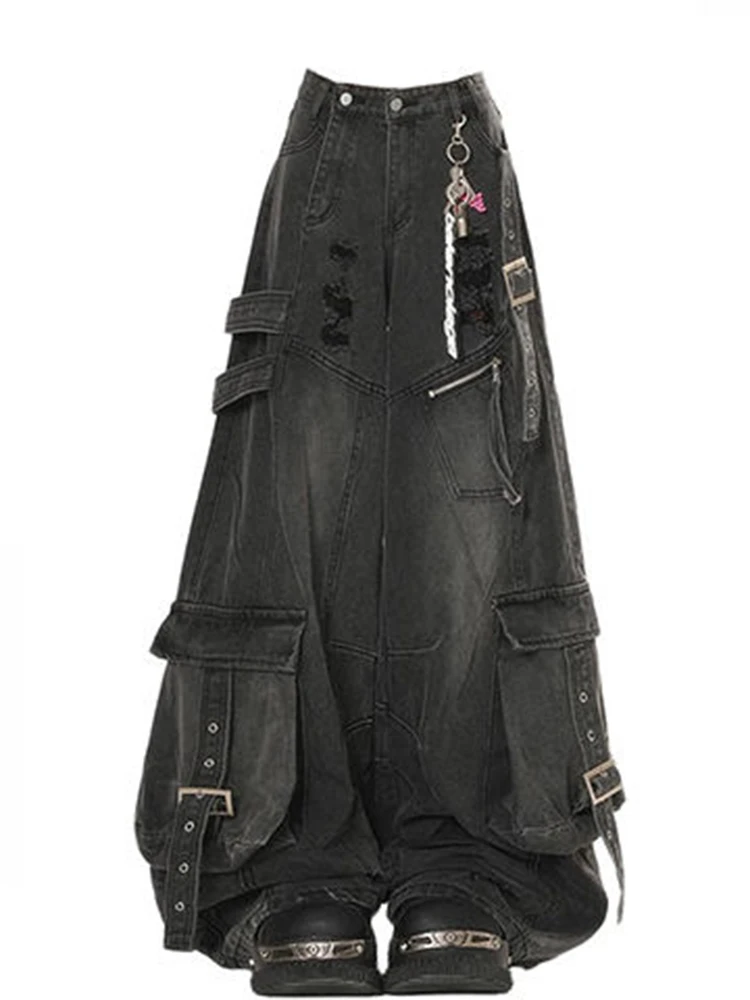 Mujer 2025 otoño nuevo diseño deconstructes tiras a la deriva agujeros rotos pantalones vaqueros negros Multi bolsillo calle pantalones de pierna ancha