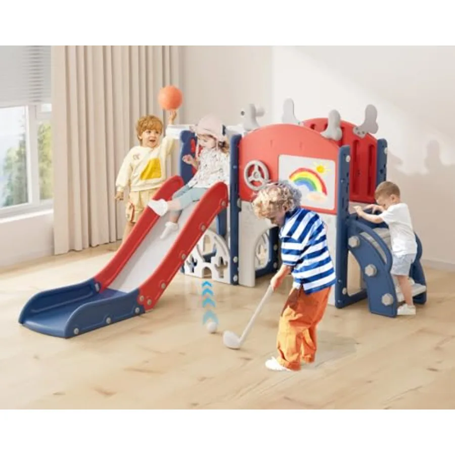 สไลเดอร์ 12 in 1 สำหรับเด็กเล็ก ชุดของเล่นในร่มและกลางแจ้ง พร้อมกระดานวาดภาพ สนามกอล์ฟ ที่ปีนป่าย ห่วงบาสเก็ตบอล และพื้นที่เก็บของ สีน้ำเงินแดง