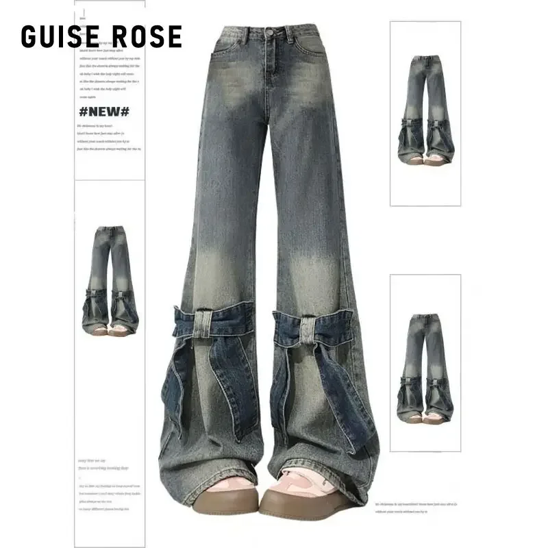 American design bow retro micro-la jeans female 2024 autumn and winter new loose high waist floor bell bottoms.