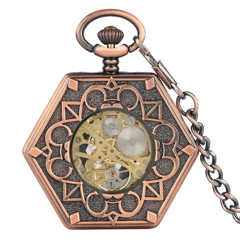 Antique Red Copper Hexagone Shape Unisex Handwinding Mechanical Pocket Watch Skeleton Clock with Pendant Chain Roman Number Dial