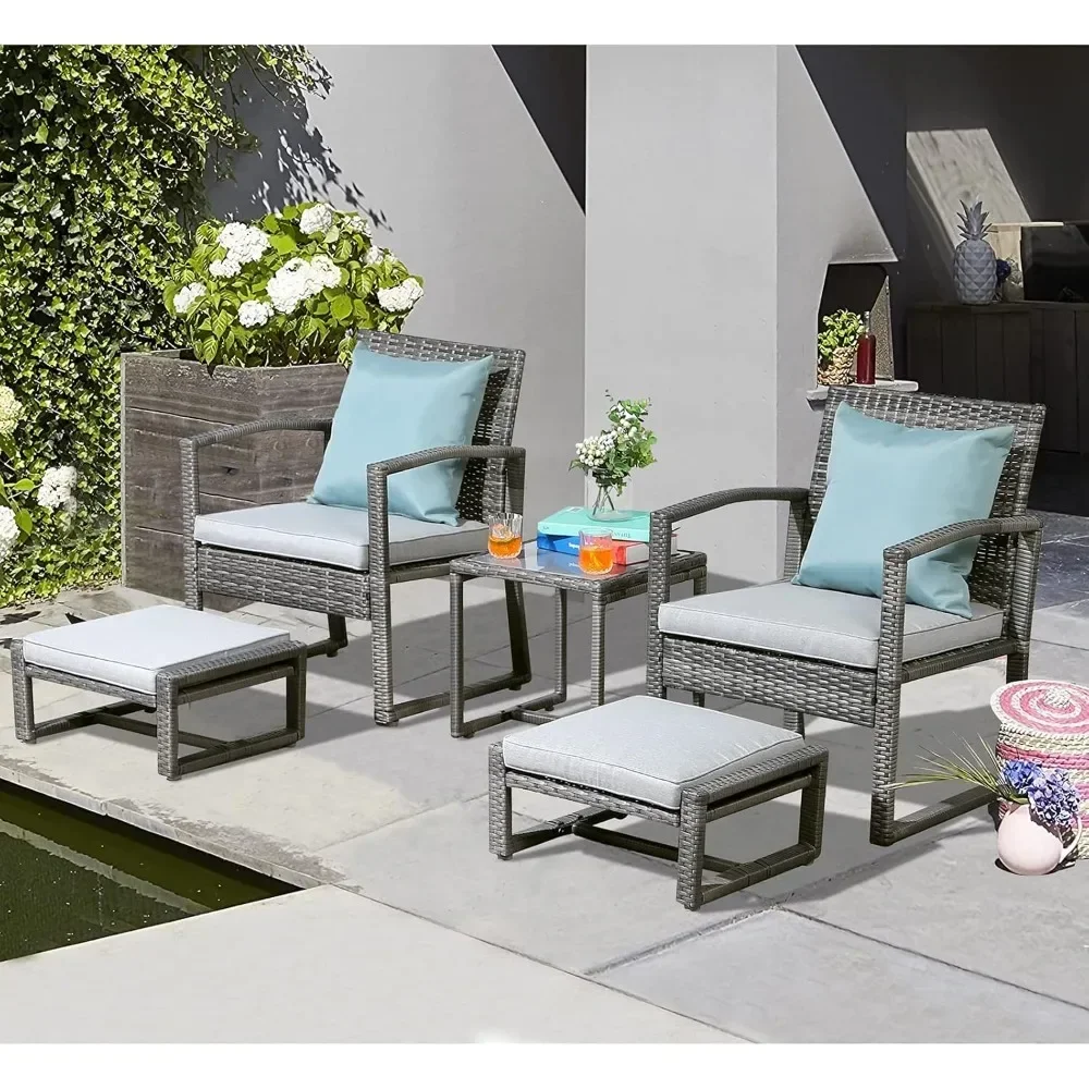 5 Piece Outdoor Patio Wicker Furniture Set, All Weather PE Rattan Chair and Ottoman Footstool Set, W/Coffee Table, Cushions