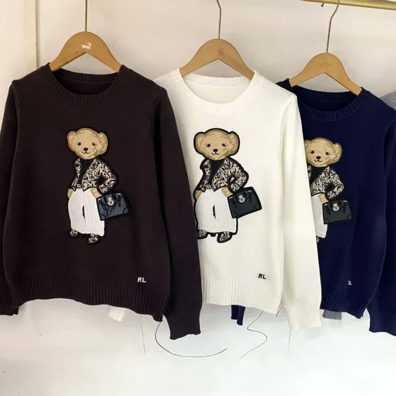 

New High End Fashion Autumn Women's Sweater Elegant Bear Cartoon Embroidered Knitted Long Sleeved O-neck Loose Top Knitwear