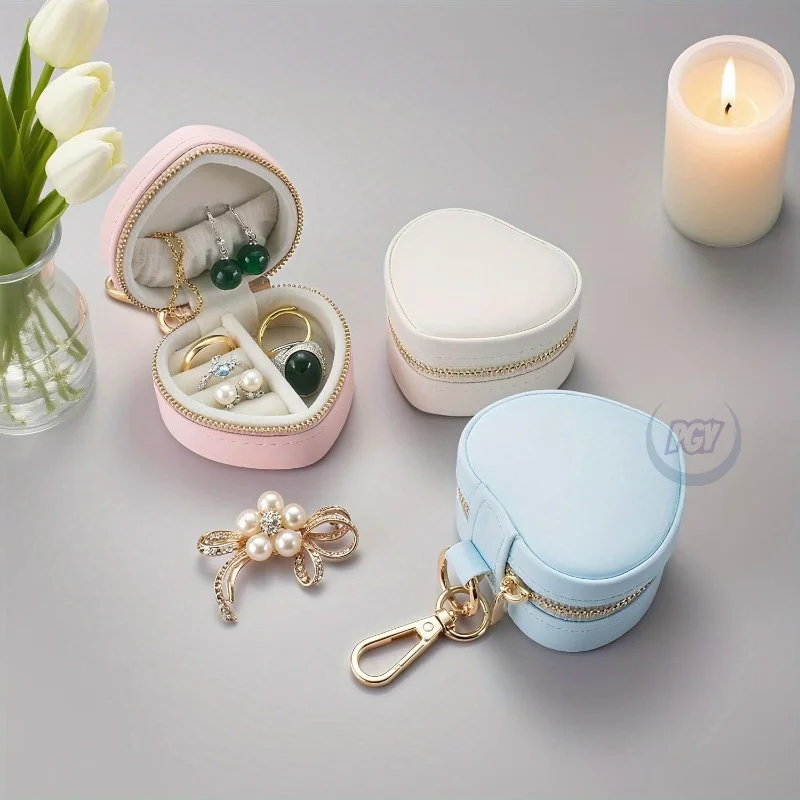 3pcs Mini Jewelry Box Heart PU Jewelry Organizer with Keychain & Zipper Luxury Jewelry Case for Earrings Necklaces Bracelet Ring