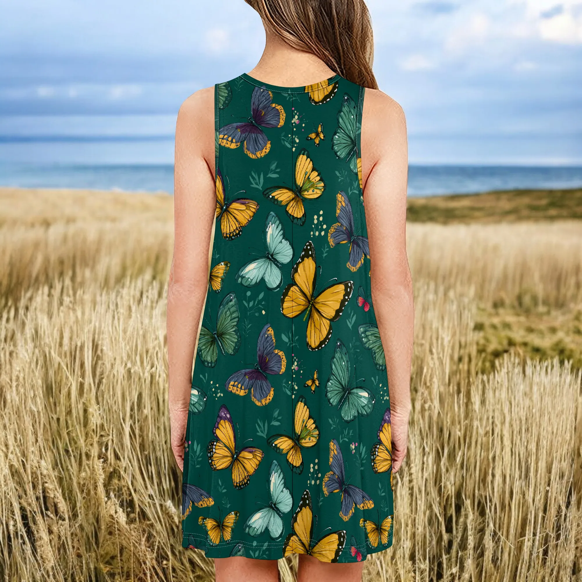ผีเสื้อพิมพ์ฤดูร้อนแขนกุดชุดชายหาด Sundress ผู้หญิงเอวสูง A-Line Midi Tank Dresses