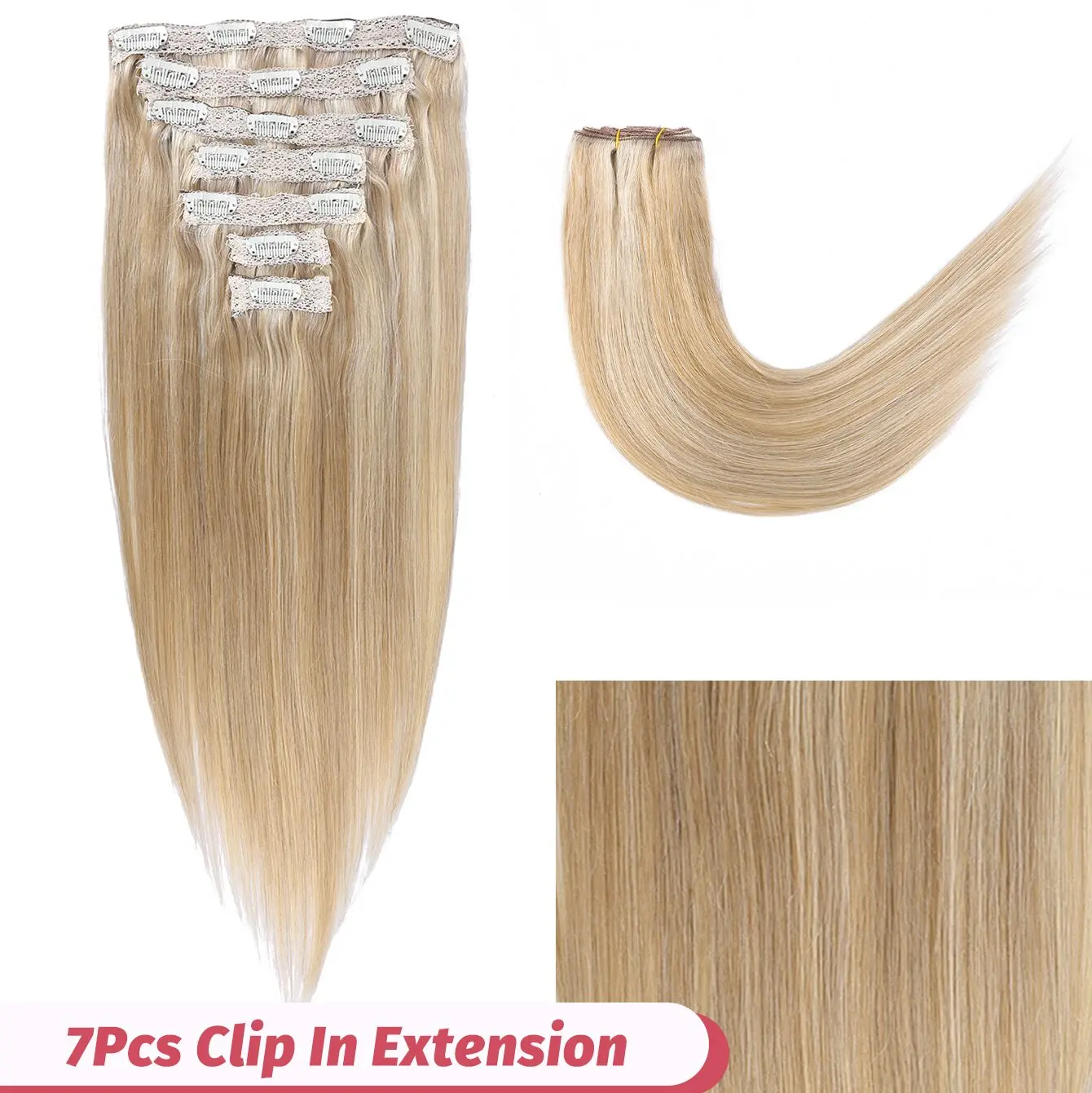 Clip In Human Hair Extensions P18/613 Light Golden Brown Mixed Platinum Blonde Lace Double Weft Hair Extension Clip in  Human Ha