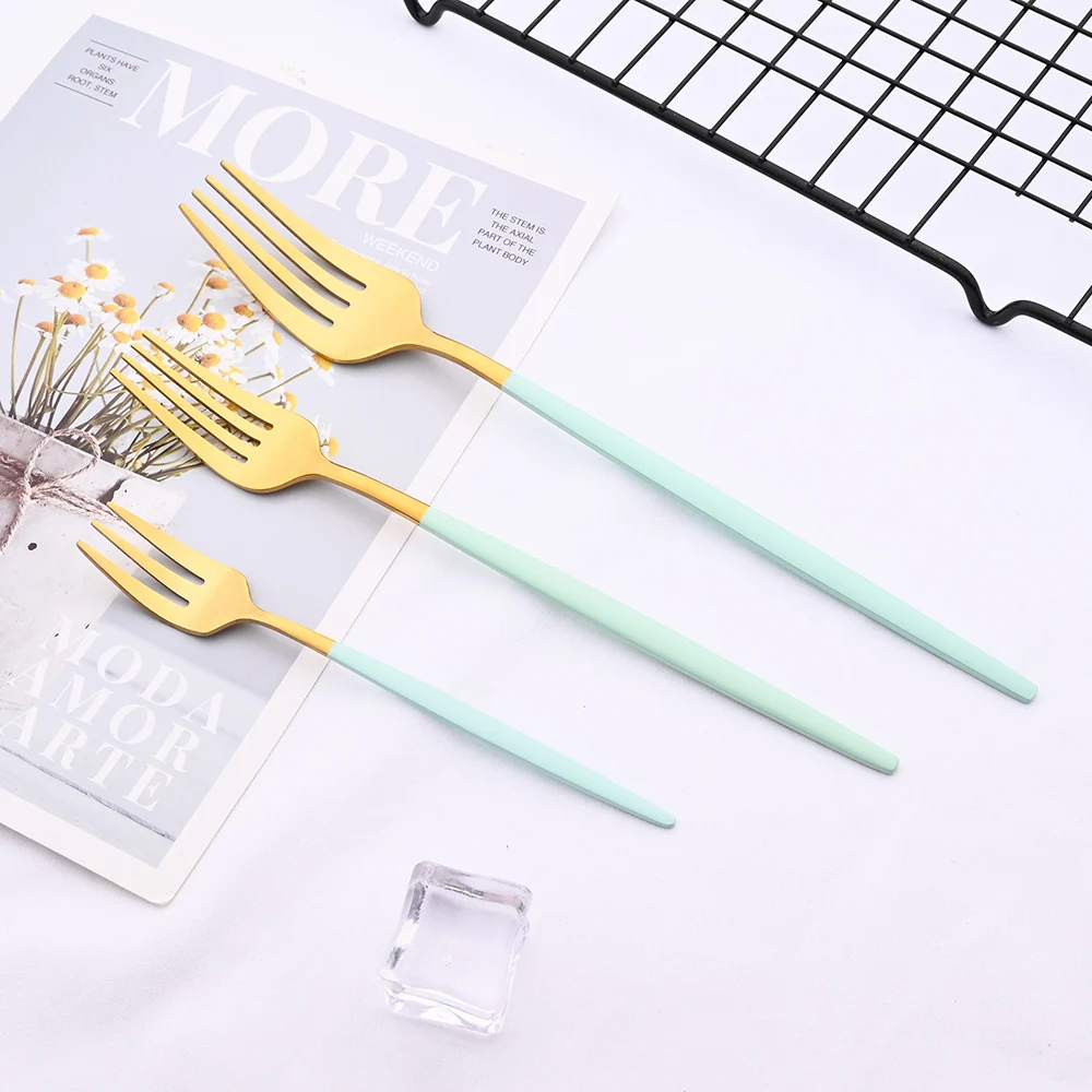 48Pcs Mint Gold Cutlery Set Mirror Stainless Steel Flatware Dessert Knife Fruit Fork Coffee Spoon Dinnerware Kitchen Tableware