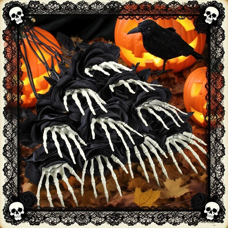 

10PCS 2025 Halloween Skeleton Hand Rose Artificial Flower Holder Skull Decor Gothic Centerpiece for Scary Table Party Ornament