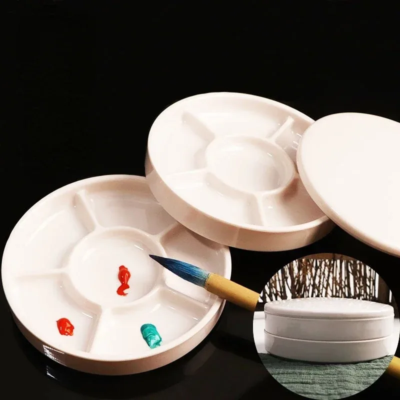 Imitation Porcelain Round Palette with Lid Acrylic Watercolor Painting Multifunctional White Paint Tray Artist Supplies