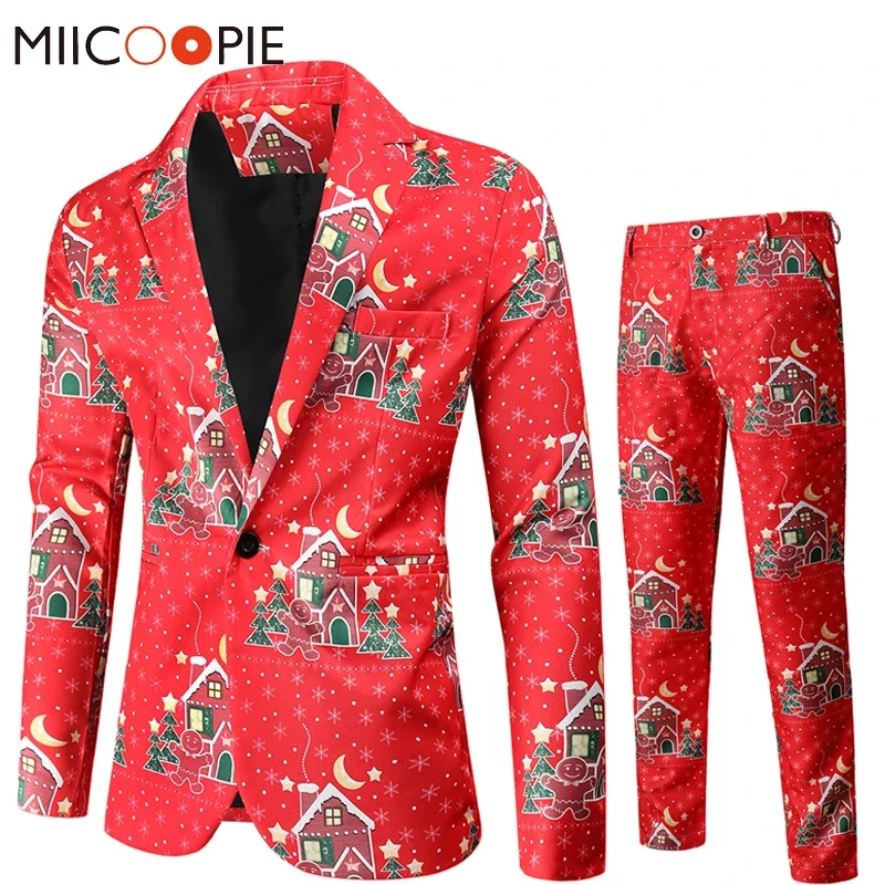 Christmas Костюм Мужской （ Jacket + Pants） Casual Xmas Printed V-Neck Red Blazer Sets Party Stage Slim Fit Tuxedos Suit Men 4XL