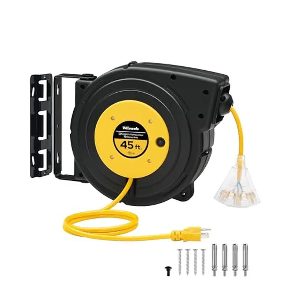 Heavy Duty Retractable Extension Cord Reel 45FT 12AWG SJTOW 3 Outlets Lighted Tap 15A Circuit Home Garage Studio Warehouse