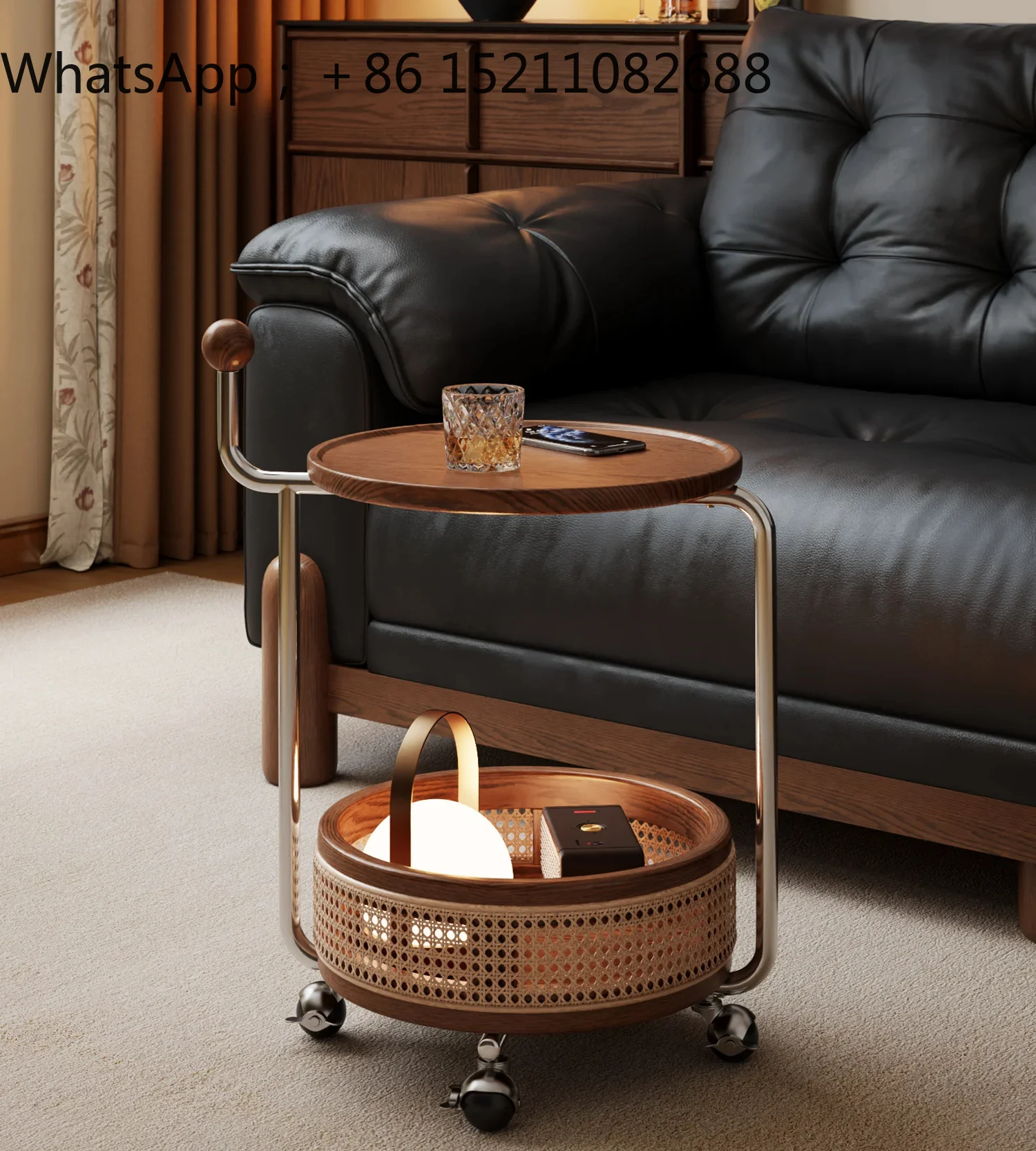 SCY solid wood rattan trolley medieval small round table double shelf living room movable coffee table