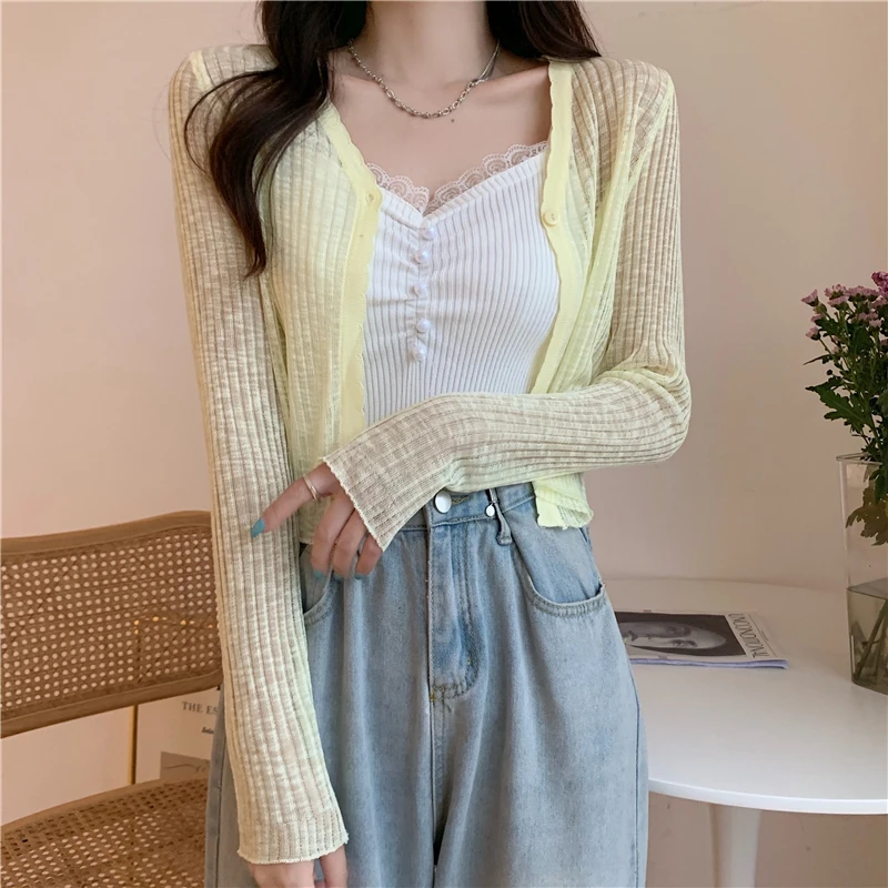 Sueters De Mujer Knitted Sweater Women Cardigans New Long Sleeve Sunscreen V-Neck White Knit Sweater Cardigan Women Tops Q5249