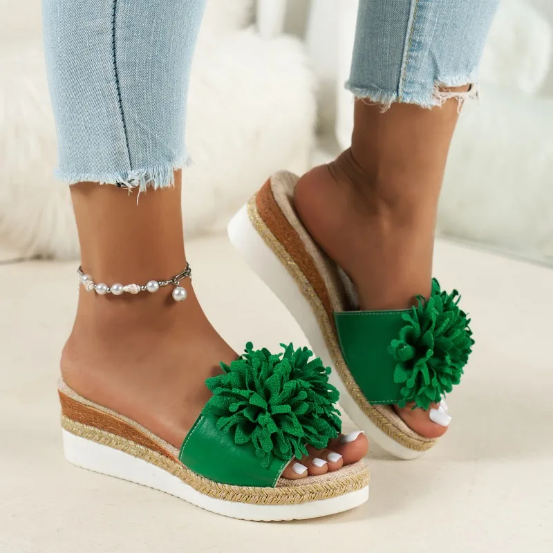 Sandals Women Flats Green Flowers Slippers Summer Shoes 2024 New Fashion Dress Flip Flops Beach Lightweight Shoes Femme Slides