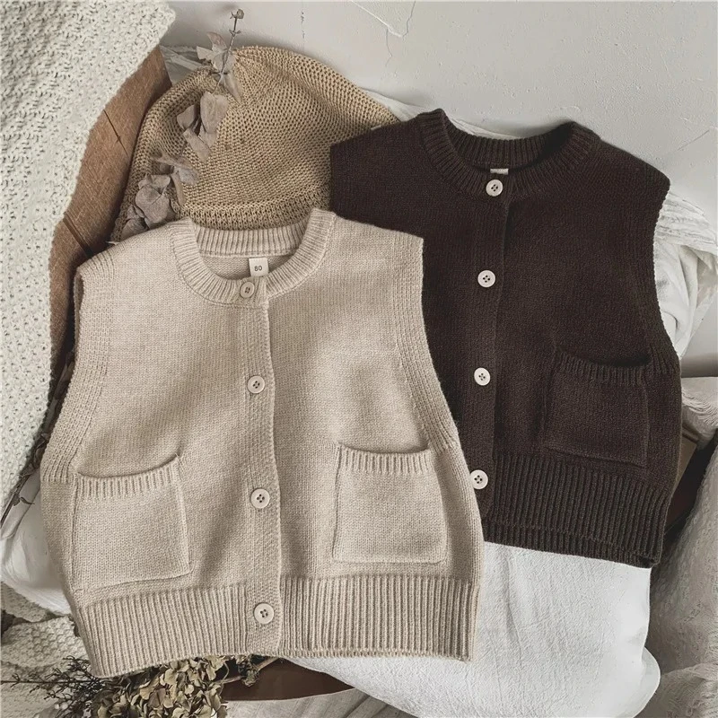 Girls Sweater Spring and Autumn Boys Clothes Pocket Vest Cardigan Simple Children's Clothing Kids Knitted Vest Solid Versatile
