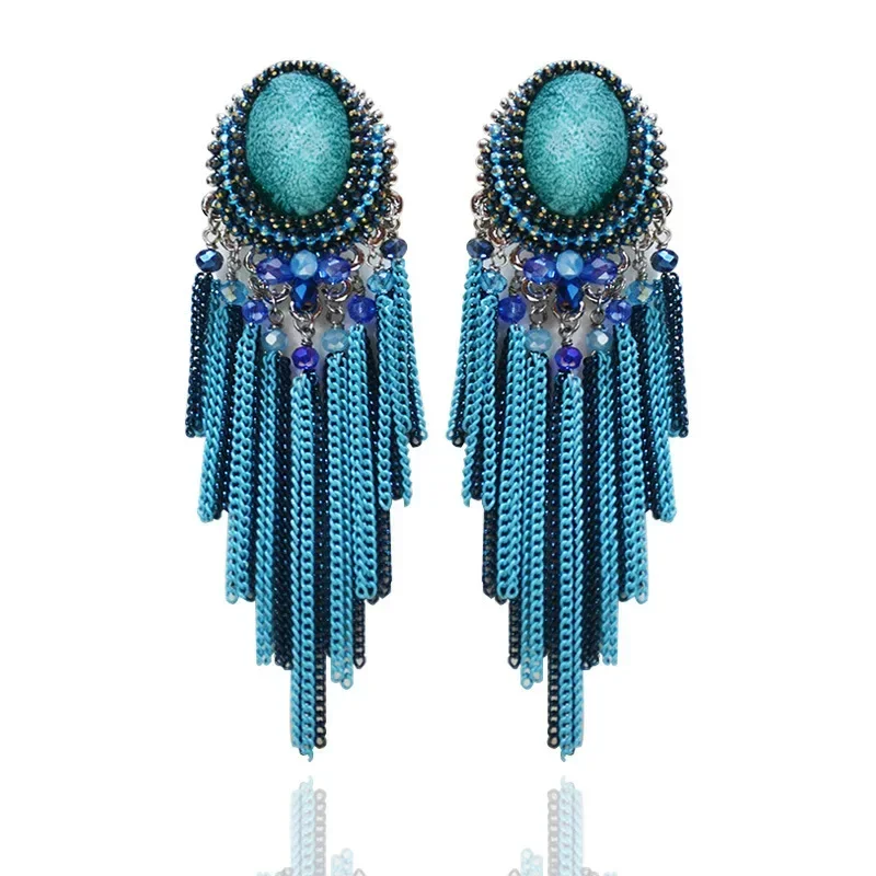 S925 الأقراط الطويلة العرقية المنسوجة يدويا البوهيمي الشرابة القرط للنساء