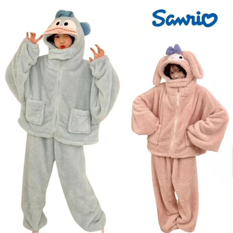 Sanrio Hangyodon Plush Hooded Pajama Zipper Set Cinnamoroll Melody Split for Warmth Can Be Worn Over Pajamas Girls Gift Couples