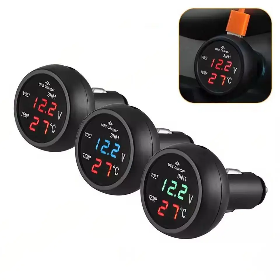 

Автомобильное зарядное устройство 3-в-1 с вольтметром, термометром, USB-зарядкой, выключателем, светодиодным цифровым дисплеем и измерителем тока/напряжения