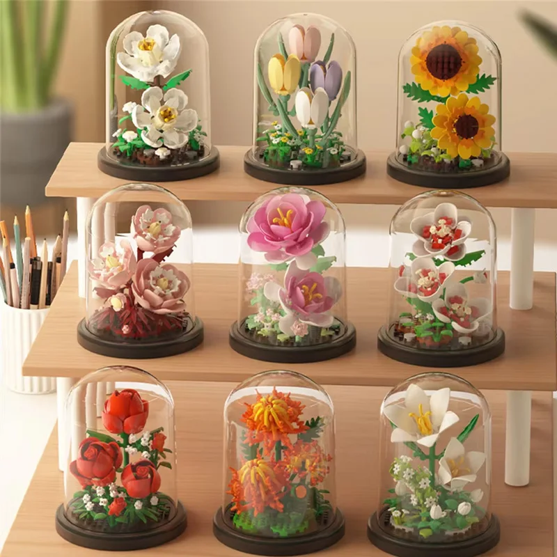 Sakura Tree House Rose Maple Potted Building Blocks with Dust Cover Bouquet Plant DIY Assembly Decoration Toy Kids Gifts
