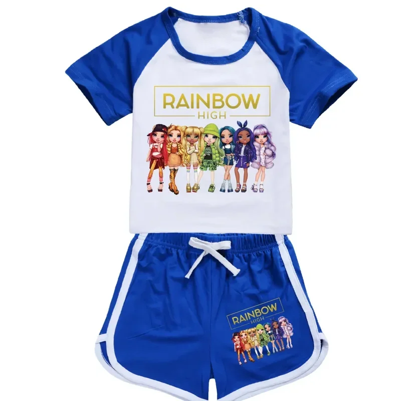 Rainbow High Summer Kids Sportswear Sets Teen Girls Pajamas Rainbowhigh Short Sleeve T Shirts + Shorts Costume Baby Boys Outfits