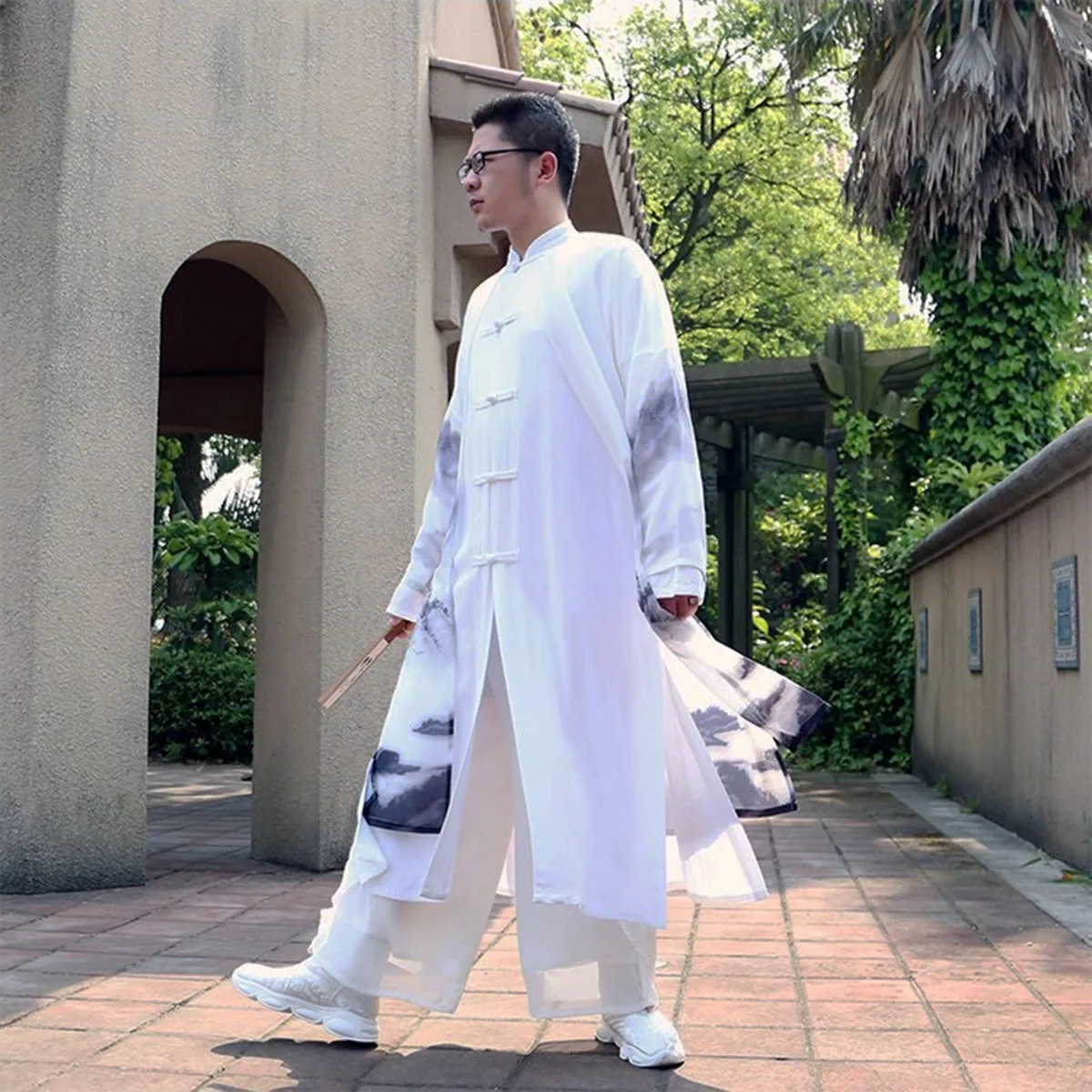 

Women Men Retro Hanfu Chiffon Long Trench Coat Chinese Ink wash printing Frog Button Gown Robe Tang Suit Kung Fu Tai Chi Clothes