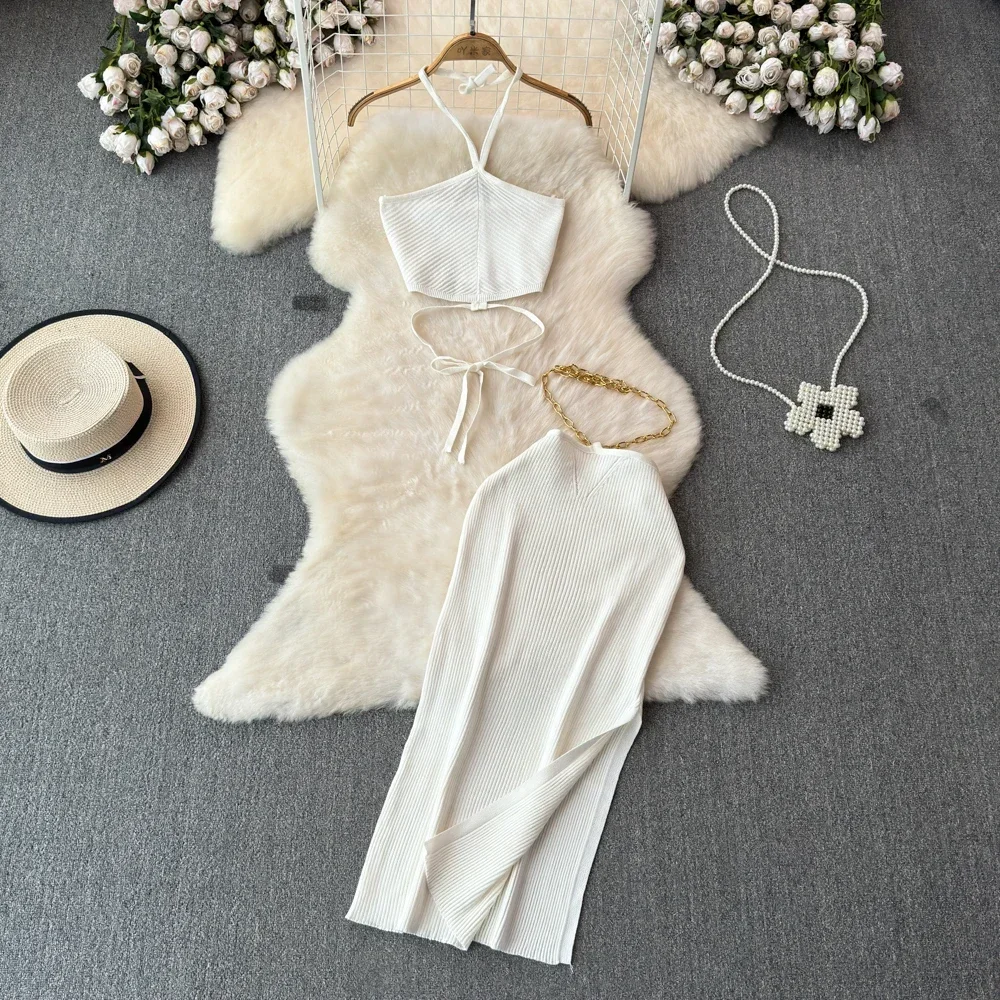 ถัก 2 ชิ้นชุดผู้หญิงชุดกระโปรงเซ็กซี่ Slim Crop Tops ยาวแยกชุดกระโปรง Halter Camis กับกระโปรงแฟชั่นใหม่