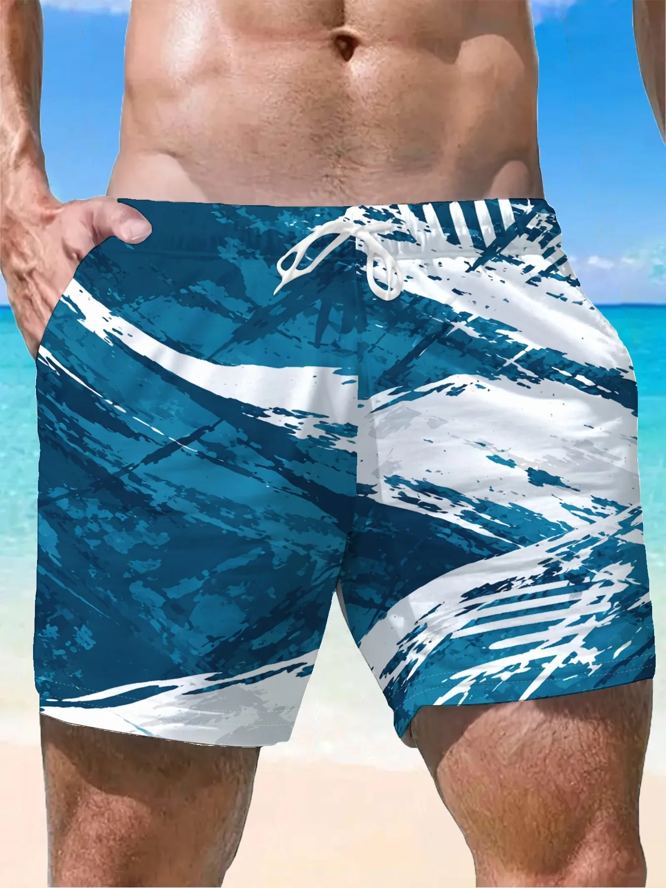 Men's Tropical Abstract Blue White Brush Stroke Quick Dry Beach Shorts Swim Trunks 2026