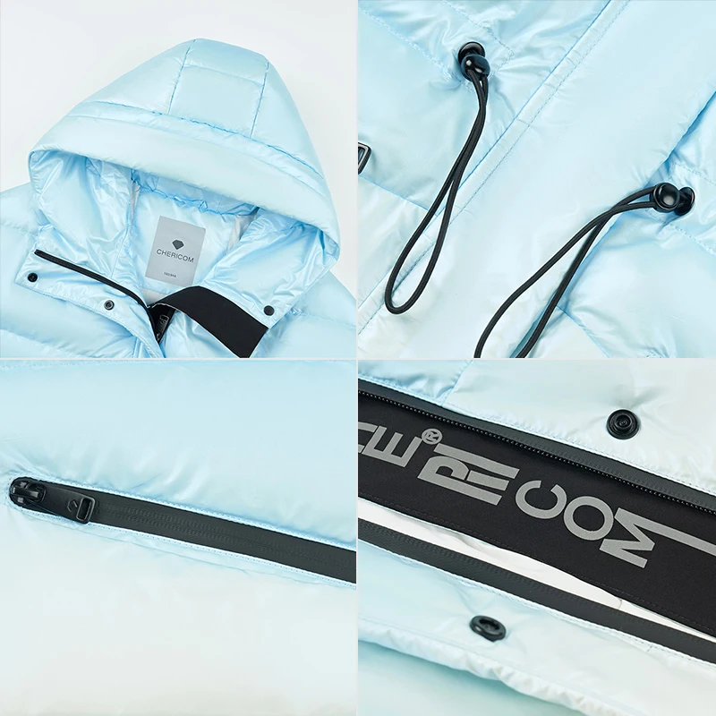 Chericom 겨울 다운 재킷 그라데이션 대비 블랙 지퍼 스트랩 후드 퀼트 디자인 두꺼운 여성용 퍼퍼 코트 Y279087Y