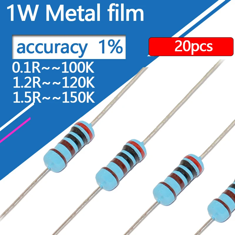 20pcs 1w Metal Film Resistor 1 1.2 1.5 10 12 15 100 120 150 R Ohm Five-color Circle 0.1r 0.12r 0.15r Resistance 1k 1.2k 1.5k 10k