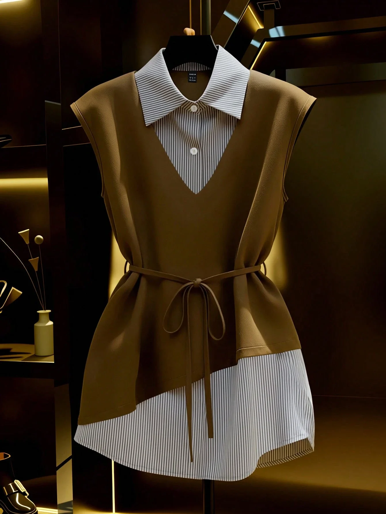 

Sleeveless Brown Dress With Striped Shirt Collar And Waist Belt