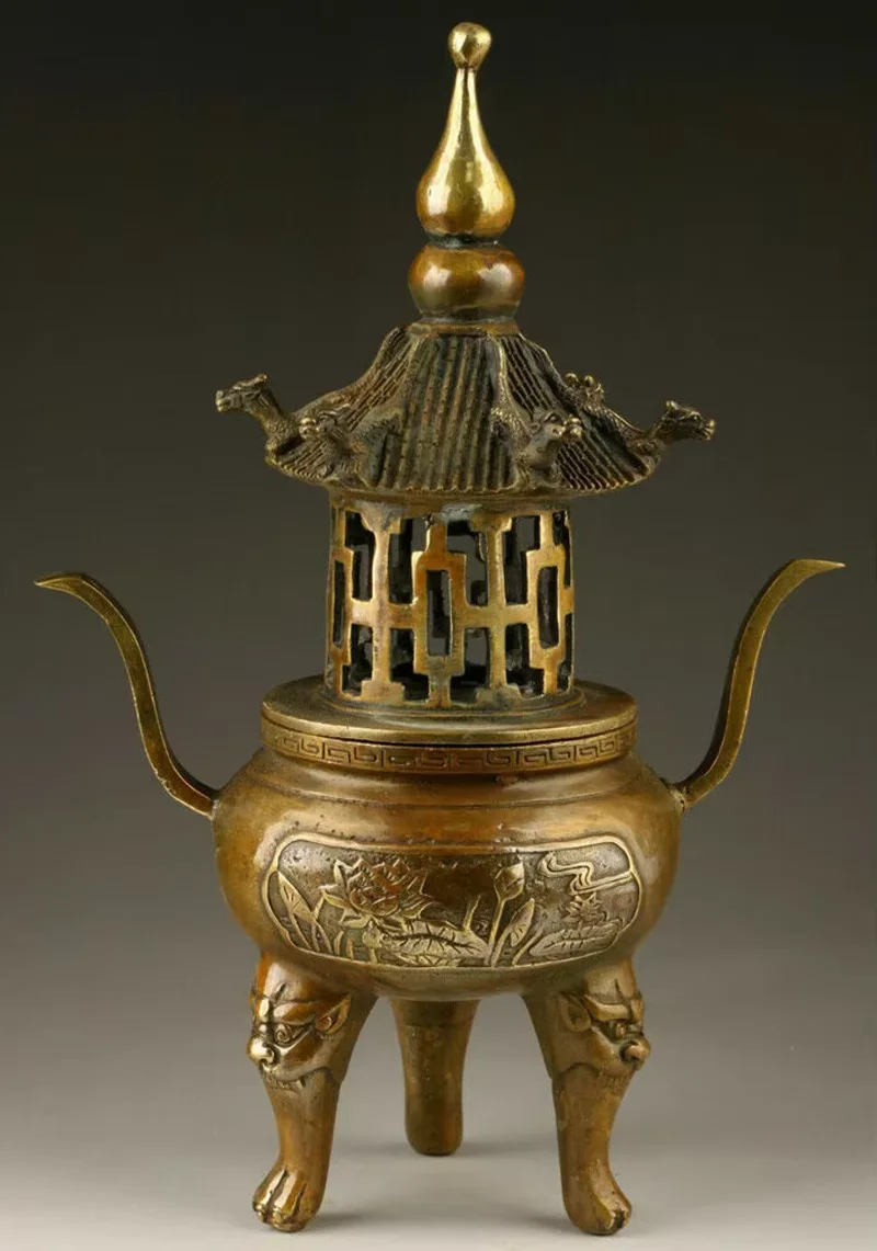 Chinese Brass Carving Buddha Tower Stupa Pagoda Incense Burner Censer Decoration