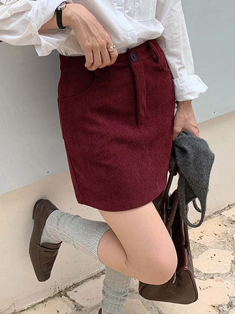 Grundlegende Hohe Taille Cord Mini Rock Frauen Herbst Neue Vintage College A-linie Röcke Tasche Koreanische Abnehmen Alle-Spiel Kurzen rock – Detail 18