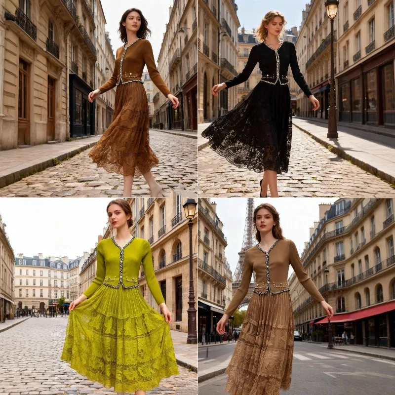 مياكي فستان مطوي خريف جديد الفرنسية الضغط التجاعيد حجم كبير فستان 2025 أزياء من الدانتل مزاجه الخامس الرقبة فساتين طويلة أنيقة