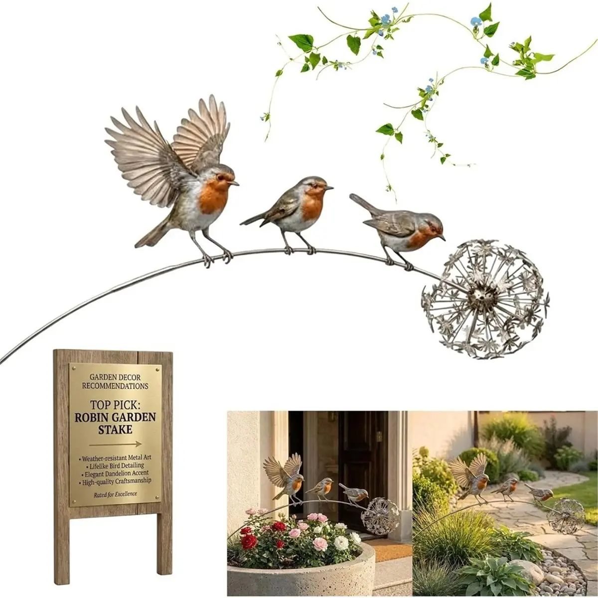 [Greatitem]RobinGarden Stake Birds AndDandelion Memorial Design Metal Sculpture Handmade Outdoor Yard Art Stakes