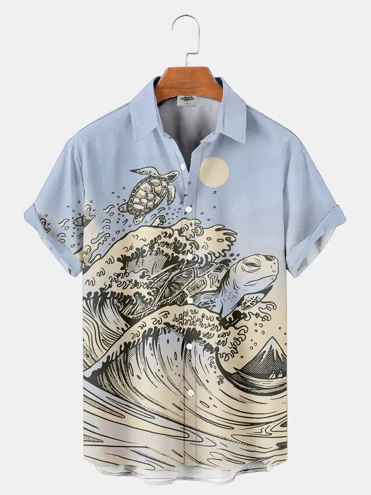 2024 Nieuwe Ukiyoe Print Heren Overhemd Zomer Revers Shirt Heren Casual Single-Breasted Korte Mouwen Heren Mode Shirt