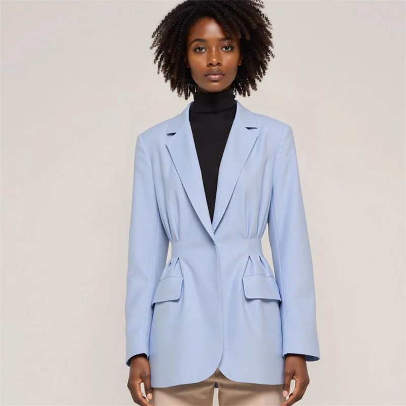 

Women Light Blue Blazer Single-Breasted Peaked Lapel Office Jacket with Darted Waist Cuff Buttons, Elegant Suit Jacket In Stock