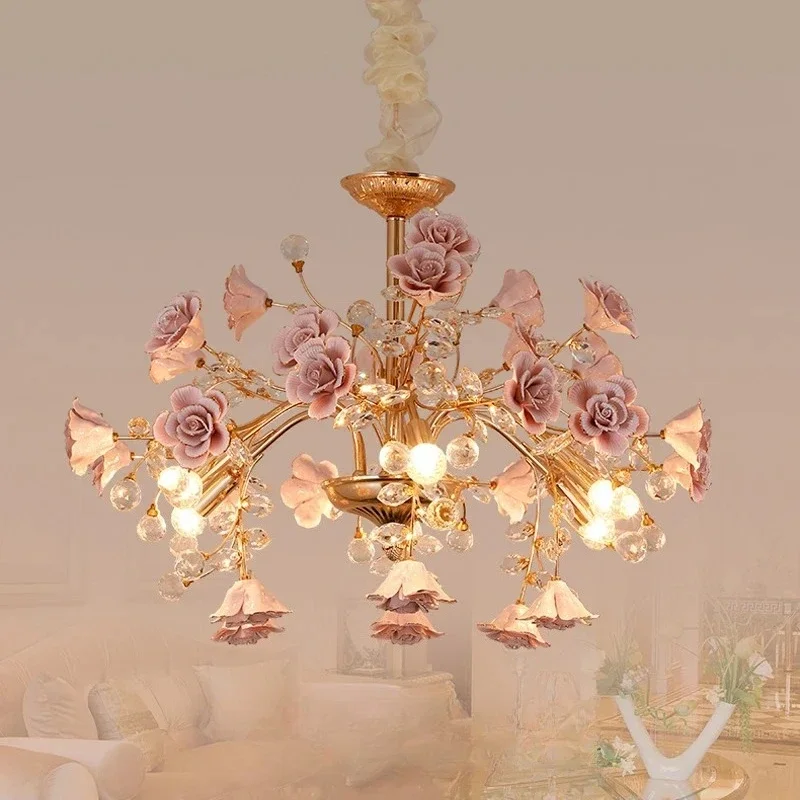 Modern Rose Chandelier LED Crystal Ceramic Flower Pendant Light for Nordic Living Room Luxury Bedroom Decorative Lighting