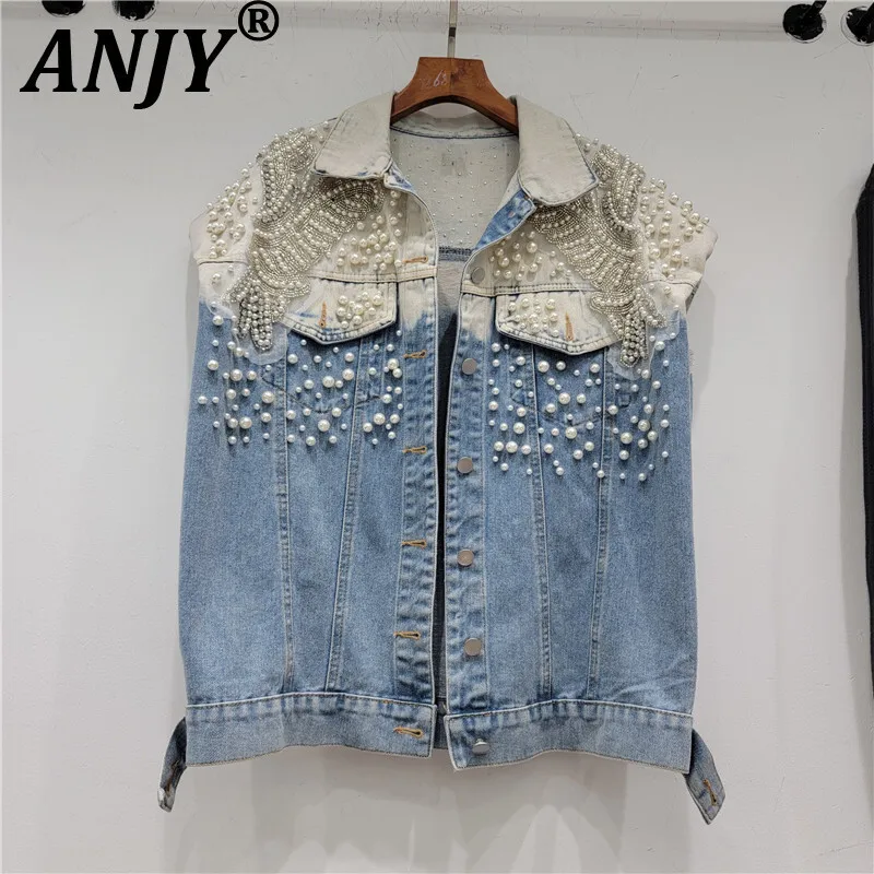

ANJY осенний новый женский корейский High Street Y2K Tie-Dye контрастного цвета тяжелый ремесленный повседневный джинсовый жилет без рукавов с бисером A8135
