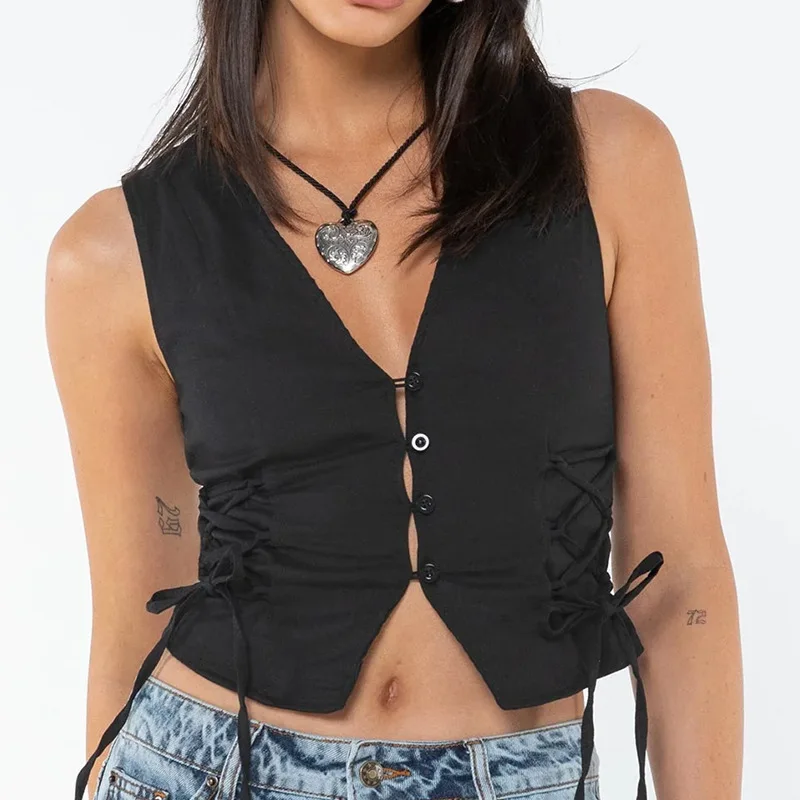 

Vests Spring Summer French Skinny Fit Single Breasted Lace-Up Sleeveless V-Neck Fashion Vests For Women