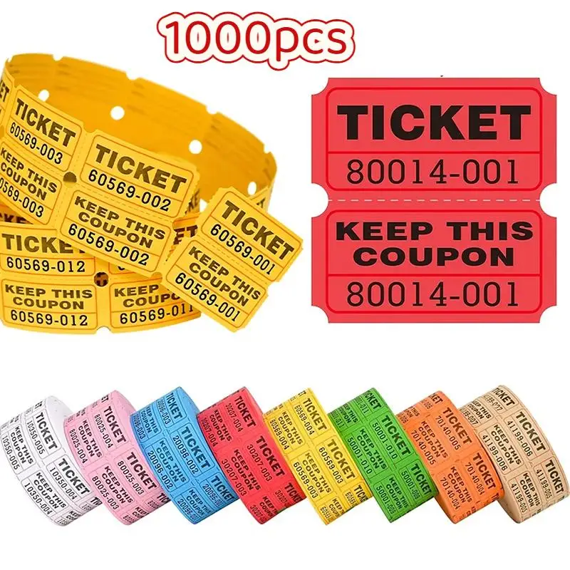 1000 billets de tombola colorés à déchirure facile, double rouleau, pour événements, jeux, récompenses en classe et carnaval