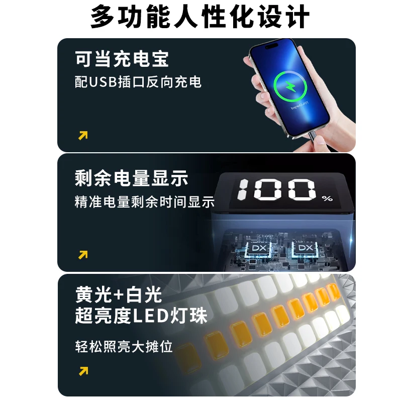 【شريط إضاءة LED مغناطيسي بقدرة 8800 مللي أمبير في الساعة】ضوء طوارئ محمول قابل لإعادة الشحن مع 3 أوضاع ألوان، وشاحن USB للهاتف المحمول، وخطاف ومغني