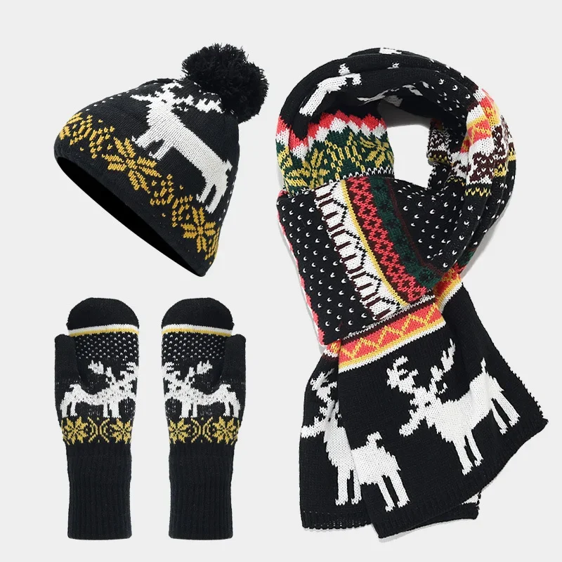 3Pcs Christmas Reindeer Jacquard Hat Gloves Scarf Set Autumn Winter Stylish Warm Knit Cap Gloves Neck Scarf Three-piece Set