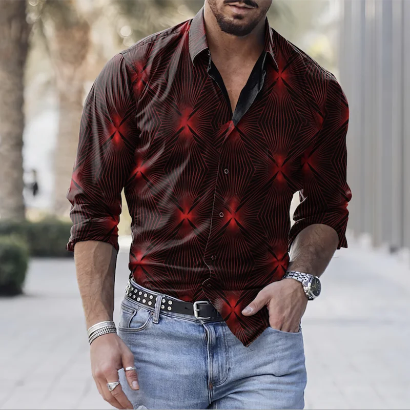 Camisa geométrica para hombre, camisa de manga larga con estampado 3D, Top grande informal, ropa de otoño, primavera y otoño, nueva