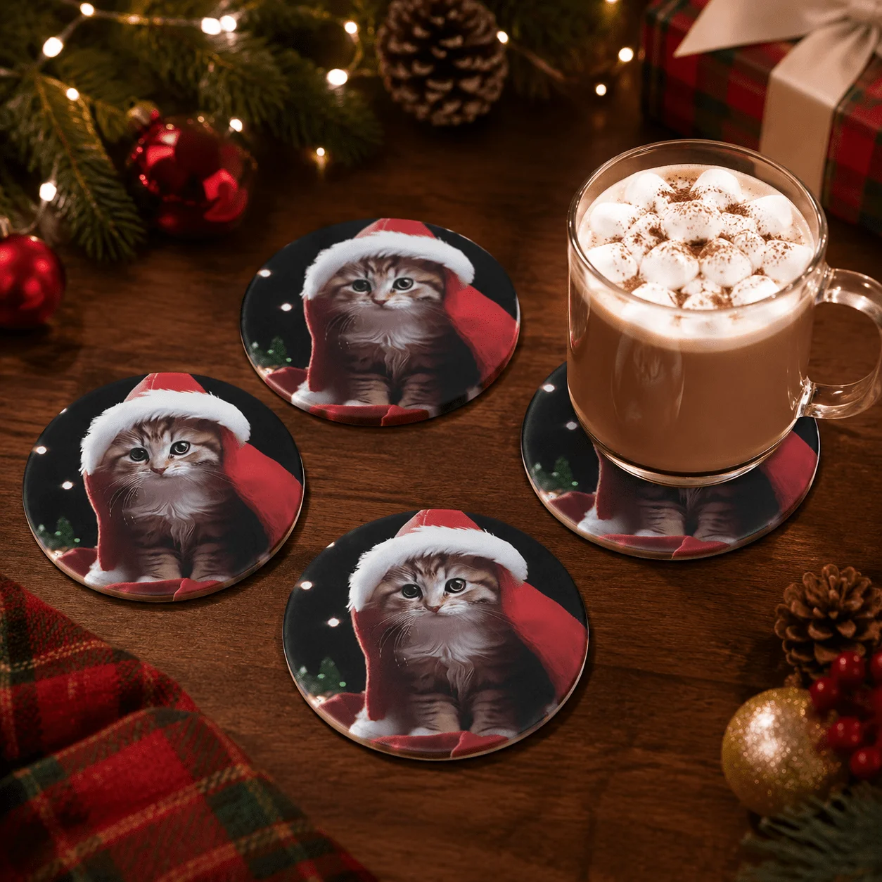 4Pcs Christmas Kitten Santa Hat Acrylic Coasters, Round Waterproof Scratch‑Resistant, Cute Cat Pattern, Kitchen Holiday Gift